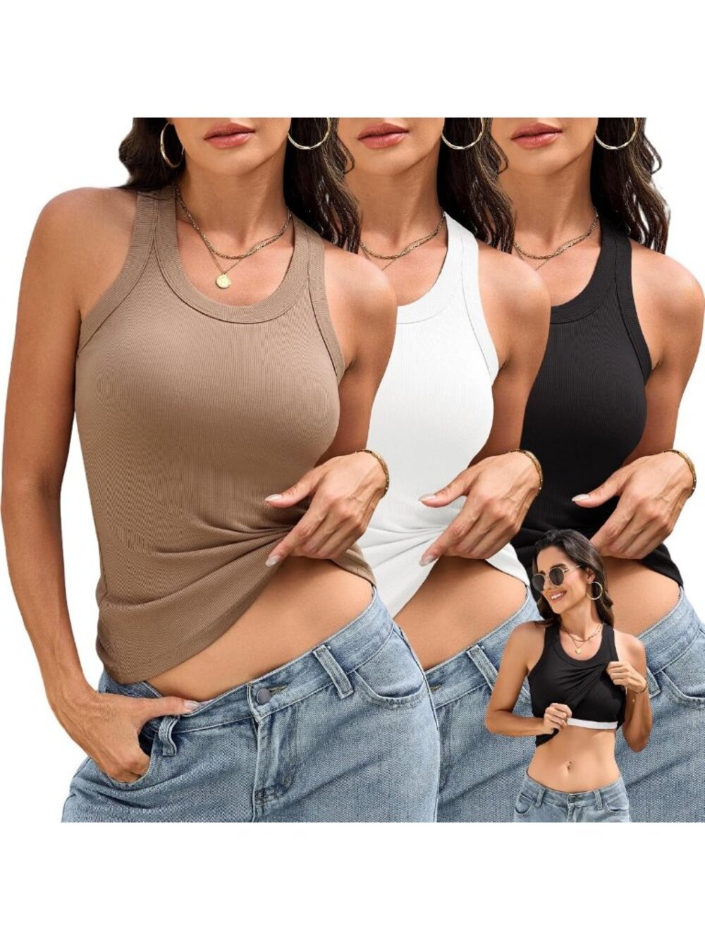 3 Pack Women's Ribbed Racerback Tank Tops with Built-in Bra - Comfortable